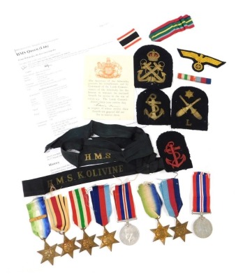 Two groups of WWII medals, relating to the Harris Brothers of Scunthorpe and comprising two 1939-45 British War medals, two Atlantic Stars, two 1939-45 Stars, a France and Germany Star (with Italy Star ribbon), and Africa Star, a collection of Naval badge - 2