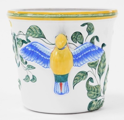 A Moustiers for Hermes Toucan pottery jardiniere, with moulded leaf decoration, painted marks, 20cm high. - 2