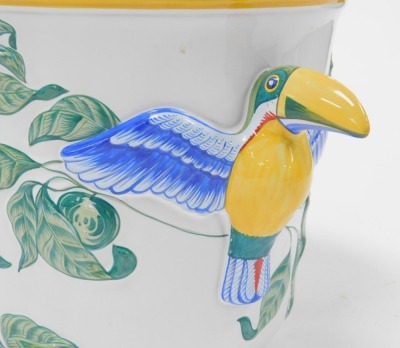 A Moustiers for Hermes Toucan pottery jardiniere, with moulded leaf decoration, painted marks, 20cm high. - 3