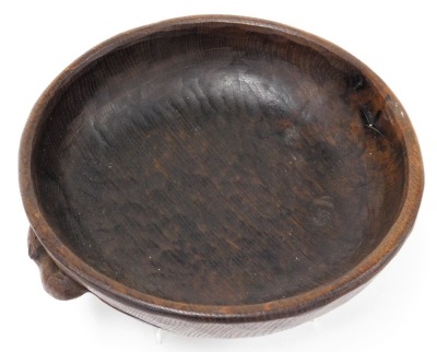 A Robert Thompson of Kilburn 'Mouseman' oak fruit bowl, carved to the side with a mouse, 24cm wide. - 2