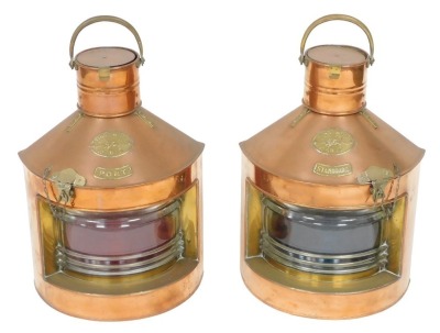 A pair of early 20thC Tung Woo copper and brass port and starboard lamps, numbers P878 and S813, 59cm high.