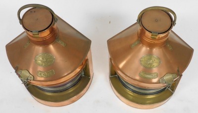 A pair of early 20thC Tung Woo copper and brass port and starboard lamps, numbers P878 and S813, 59cm high. - 2