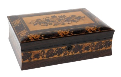 A Victorian Tunbridge Ware rosewood games box, with floral marquetry inlay, the domed lid opening to reveal four compartments, one with a cribbage board lid, 25cm wide.