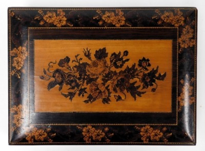 A Victorian Tunbridge Ware rosewood games box, with floral marquetry inlay, the domed lid opening to reveal four compartments, one with a cribbage board lid, 25cm wide. - 2