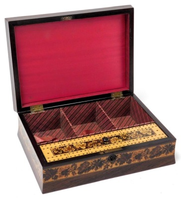 A Victorian Tunbridge Ware rosewood games box, with floral marquetry inlay, the domed lid opening to reveal four compartments, one with a cribbage board lid, 25cm wide. - 3