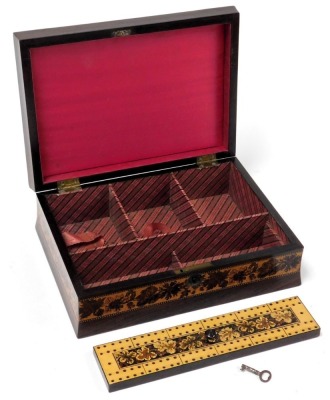 A Victorian Tunbridge Ware rosewood games box, with floral marquetry inlay, the domed lid opening to reveal four compartments, one with a cribbage board lid, 25cm wide. - 4