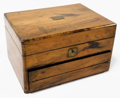 A Victorian rosewood sewing and writing box, the lid with engraved presentation plaque, opening to reveal an interior with fitted tray containing sewing accoutrements, above a drawer opening to reveal a writing slope and stationary rack, with key, 18cm hi - 5