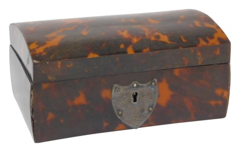 A 19thC tortoiseshell casket, with a white metal shield shaped key escutcheon, 17.5cm wide.