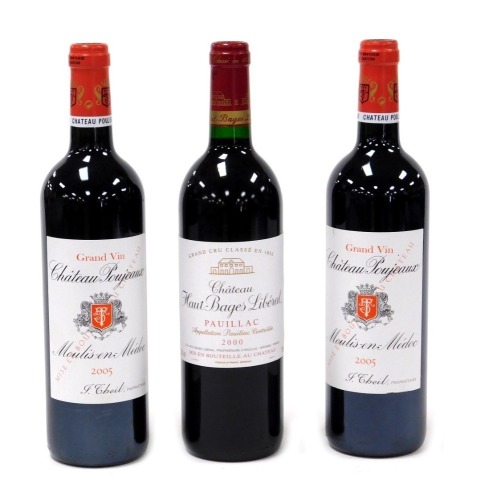 Two bottles of Chataue Poujeaux Moulis-en-Medoc 2005, together with a bottle of Chateau Haut-Bages Libéral Pauillac 2000, Grande Cru Classe en 1855. (3)