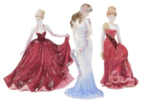 Three Coalport porcelain figures, comprising Felicity, Ladies of Fashion, Sapphire, limited edition 304/9500, for Compton and Woodhouse, and Shall We Dance, limited edition 3000.