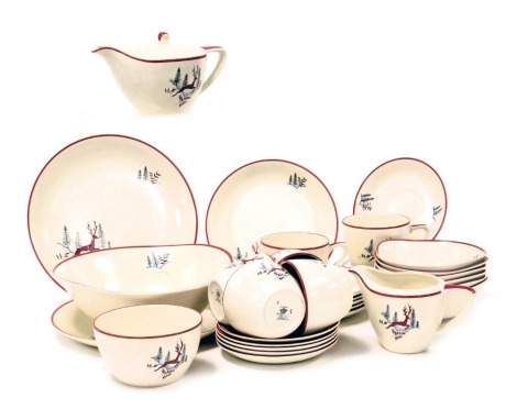 A group of Crown Devon pottery Stockholm pattern tea and dinner wares, including a teapot, six tea cups and saucers, and a fruit set. (qty)