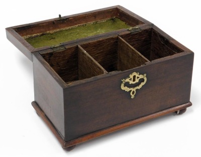 A George III mahogany tea caddy, with a brass carrying handle, the hinged lid opening to reveal three compartments, raised on ball feet, 17cm high, 25cm wide, 13.5cm deep. - 2