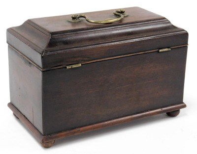 A George III mahogany tea caddy, with a brass carrying handle, the hinged lid opening to reveal three compartments, raised on ball feet, 17cm high, 25cm wide, 13.5cm deep. - 4