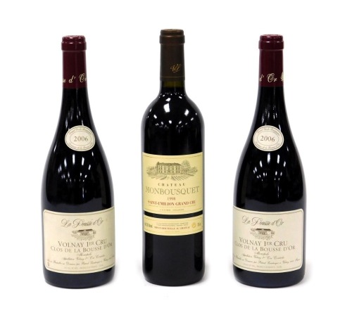 Two bottles of La Pousse de Or Volnay 1er Cru, clos de la Bousse d'Or 2006, together with a bottle of Chateau Monbousquet St-Emilion Grand Cru 1998. (3)