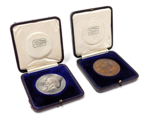 Two Edward VII City & Guilds of London Institute medals, for Technological Examination, by John Pinches, London, comprising bronze medal named to Wilfred Coup, Framework, Knitting & Hosiery, First Prize 1908, and silver medal named to the same, First Priz