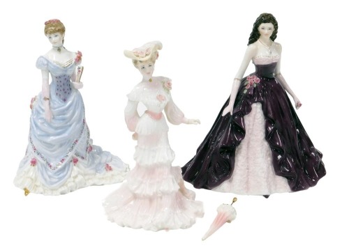 Two Royal Worcester porcelain figures, comprising Charlotte CW572 and Splendour at Court, limited edition 150/12500, together with a Coalport porcelain figure of Lady Alice at the Royal Garden Party, La Belle Epoque, limited edition 5608/12500 for Compton