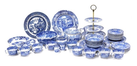 A group of Copeland Spode blue and white Italian pattern pottery, including a part tea service with tea pot, twin section oval serving dish, salt and pepper, together with a Royal Sphinx Old England pattern three tier cake stand. (qty)