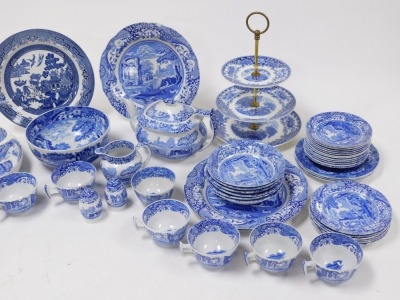 A group of Copeland Spode blue and white Italian pattern pottery, including a part tea service with tea pot, twin section oval serving dish, salt and pepper, together with a Royal Sphinx Old England pattern three tier cake stand. (qty) - 3