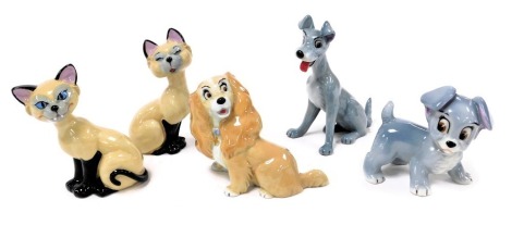 Five Wade porcelain Blow Up figures, from Lady and the Tramp, comprising Scamp, Lady, Tramp, Si and Am.