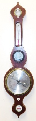 A 19thC mahogany case wheeled barometer, by Farrer of Doncaster, circular silvered dial, dry damp dial and thermometer, case with line inlay, 95cm high. (AF)