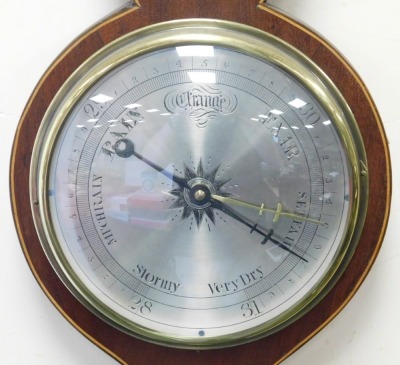 A 19thC mahogany case wheeled barometer, by Farrer of Doncaster, circular silvered dial, dry damp dial and thermometer, case with line inlay, 95cm high. (AF) - 2