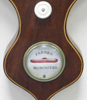 A 19thC mahogany case wheeled barometer, by Farrer of Doncaster, circular silvered dial, dry damp dial and thermometer, case with line inlay, 95cm high. (AF) - 3