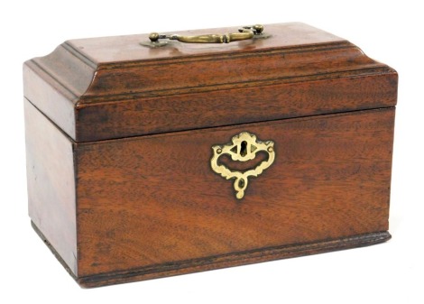 A George III mahogany tea caddy, with a brass carrying handle, opening to reveal a vacant interior, 24cm wide.