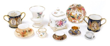 A pair of Aynsley porcelain loving cups, commemorating the Coronations of Edward VIII, and George VI and Queen Elizabeth, Royal Crown Derby Derby Posies inkwell and cover, Royal Worcester blush miniature tea cup and saucer, further miniature tea cups and 