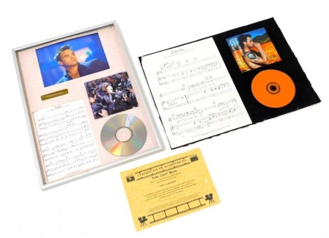 A Robbie Williams signed sheet of music for Eternity, together with a CD and cover card, a certificate of authenticity from Palm Court Music, 0930, together with a CD of Life Thru a Lens, with signed CD booklet, picture of the artist and copy of sheet mus