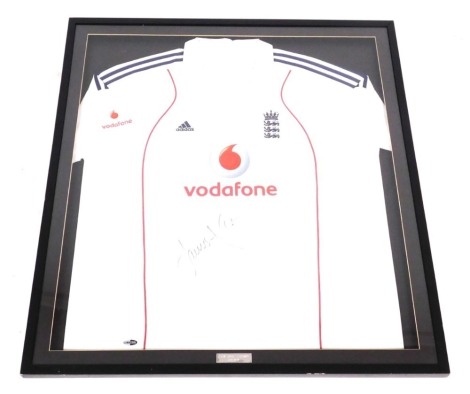 An England white cricket shirt, signed by James "Jimmy" Anderson, 5th September 2008, framed and glazed, 88cm x 80.5cm.