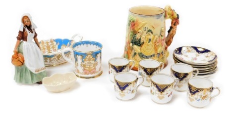 A group of ceramics, including a Royal Doulton figure modelled as The Milkmaid HN2057, a Belleek salt, musical tankard, and a Grosvenor china part coffee service.