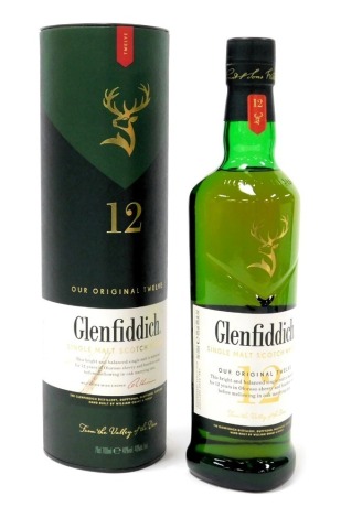 A bottle of Glenfiddich Single Malt Scotch Whisky, 12 years old, 70cl, boxed.