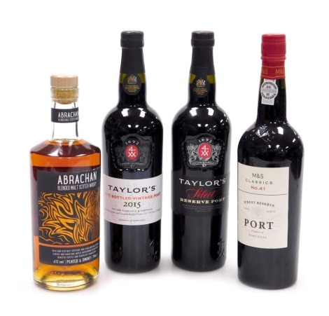 A bottle of Abrachan Blended Malt Scotch Whisky, 70cl, Taylor's Select Reserve Port, Taylor's Late Bottle Vintage Port 2015, and M&S Finest Reserve Port number 41. (4)