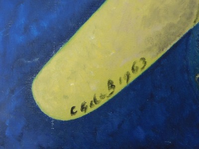 C Gale (British, late 20thC). Abstract study in yellow and blue, oil on canvas, signed, dated 1963, 61cm x 56cm. - 2