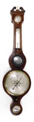 A Georgian mahogany barometer, by Stebbing of Southampton, silvered dial, dry damp dial and thermometer, the case with box inlay and a broken arch pediment, 97cm high.