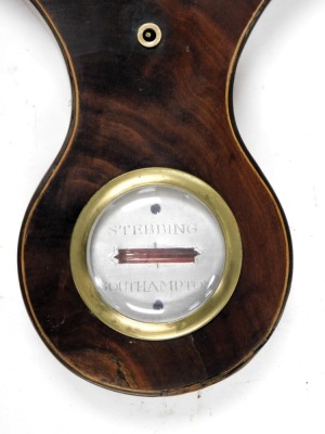 A Georgian mahogany barometer, by Stebbing of Southampton, silvered dial, dry damp dial and thermometer, the case with box inlay and a broken arch pediment, 97cm high. - 2