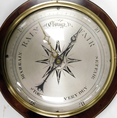 A Georgian mahogany barometer, by Stebbing of Southampton, silvered dial, dry damp dial and thermometer, the case with box inlay and a broken arch pediment, 97cm high. - 3