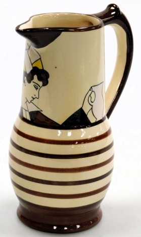 A 20thC Quimper pottery jug, painted with a head and shoulders study of a lady in traditional Breton costume, above brown banding, number 672, painted marks, 20cm high.