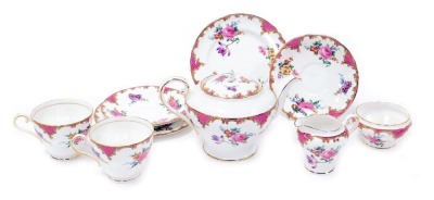 An Aynsley porcelain Wilton pattern tete-a-tete, comprising teapot, cream jug, sugar bowl, two cups, saucers, and plates.