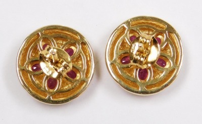 A pair of ruby and white stone set earrings, of five petalled flower head form, on a silver gilt circular mount, stamped 925. - 2