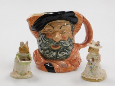 A Royal Doulton pottery character jug modelled as Falstaff D6287, two Brambly Hedge figures modelled as Mrs Toadflax, and Poppy Eye Bright, a pair of HJ Wood Indian Tree pattern baskets, and two vases. (7) - 4