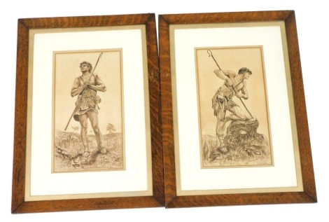 WB Morris (British, late 19thC). Shepherds, pair of monochrome watercolours, signed, dated 1876, 33.5cm x 18.5cm.