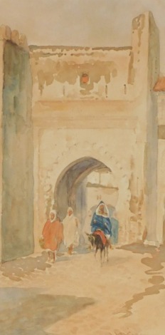 19thC School. Entrance to a North African town with figures, watercolour, signed indistinctly, 28cm x 14cm.