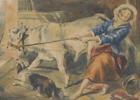 19thC School. Milkmaid with cow and dog, watercolour, signed Stuart, 17.5cm x 23cm.