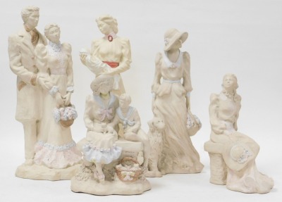 Five late 20thC Austin figural sculptures, by Alice Heath, of Edwardian figures, comprising girl and boy with kittens seated upon a bench, 38cm high, lady with dog and basket of flowers, 51cm high, seated lady contemplating, 36cm high, mother with baby, 5