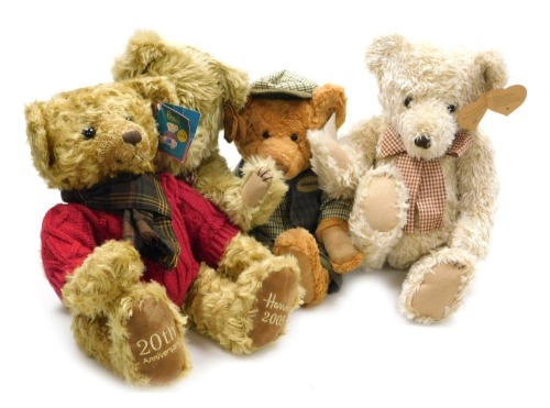 A Harrods 2005 20th Anniversary Teddy bear, Hampton Court Palace George Gardner Teddy, and two Heartfelt Collectables Teddy bears. (4)