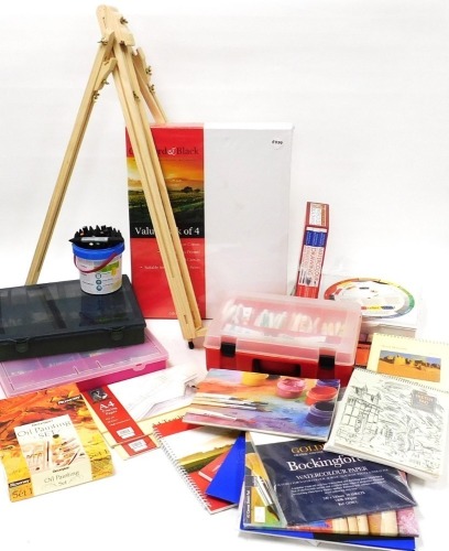 A Boldmere artist's easel, Daler-Rowney artist's watercolour paints, acrylic paints, paint boxes, Winsor & Newton watercolour markers, and other artist's materials. (a quantity)