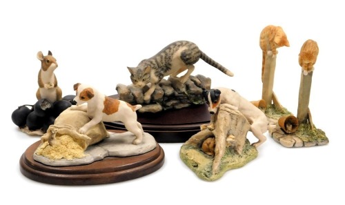 A Border Fine Arts sculpture of a terrier with sack of corn and a mouse, another with a terrier seeking out a rabbit, a stalking cat and two figures of cats on a post, looking at a mouse in a flower pot. (5)