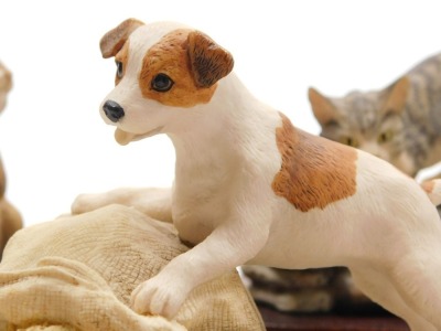 A Border Fine Arts sculpture of a terrier with sack of corn and a mouse, another with a terrier seeking out a rabbit, a stalking cat and two figures of cats on a post, looking at a mouse in a flower pot. (5) - 3