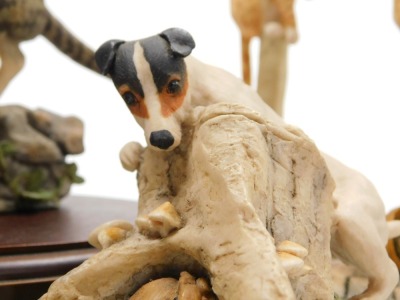 A Border Fine Arts sculpture of a terrier with sack of corn and a mouse, another with a terrier seeking out a rabbit, a stalking cat and two figures of cats on a post, looking at a mouse in a flower pot. (5) - 4